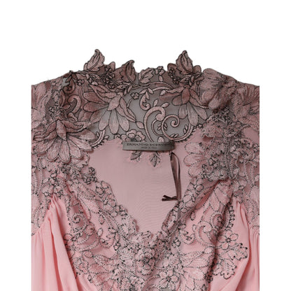 Ermanno Scervino Pink Floral Lace Short Sleeves V-neck Midi Dress