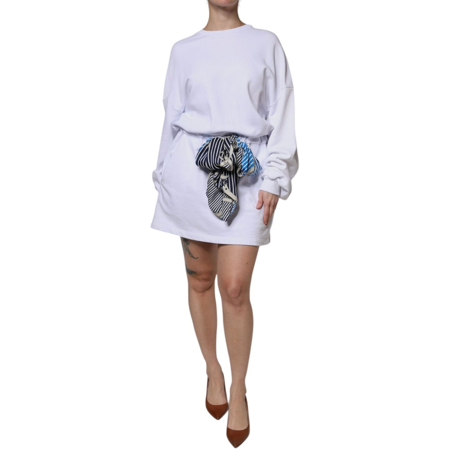 MSGM White Cotton Belted Long Sleeves Crew Neck Mini Dress MSGM