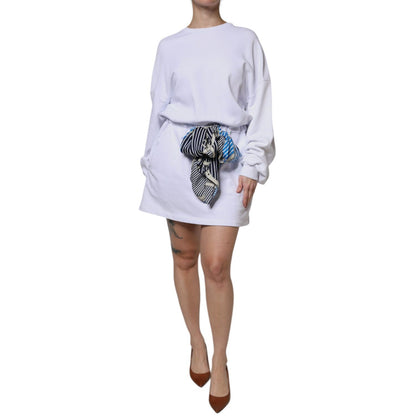 MSGM White Cotton Belted Long Sleeves Crew Neck Mini Dress MSGM