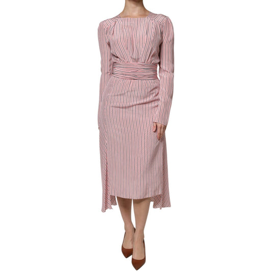 Ermanno Scervino Pink Stripes Silk Long Sleeves Midi Dress Ermanno Scervino