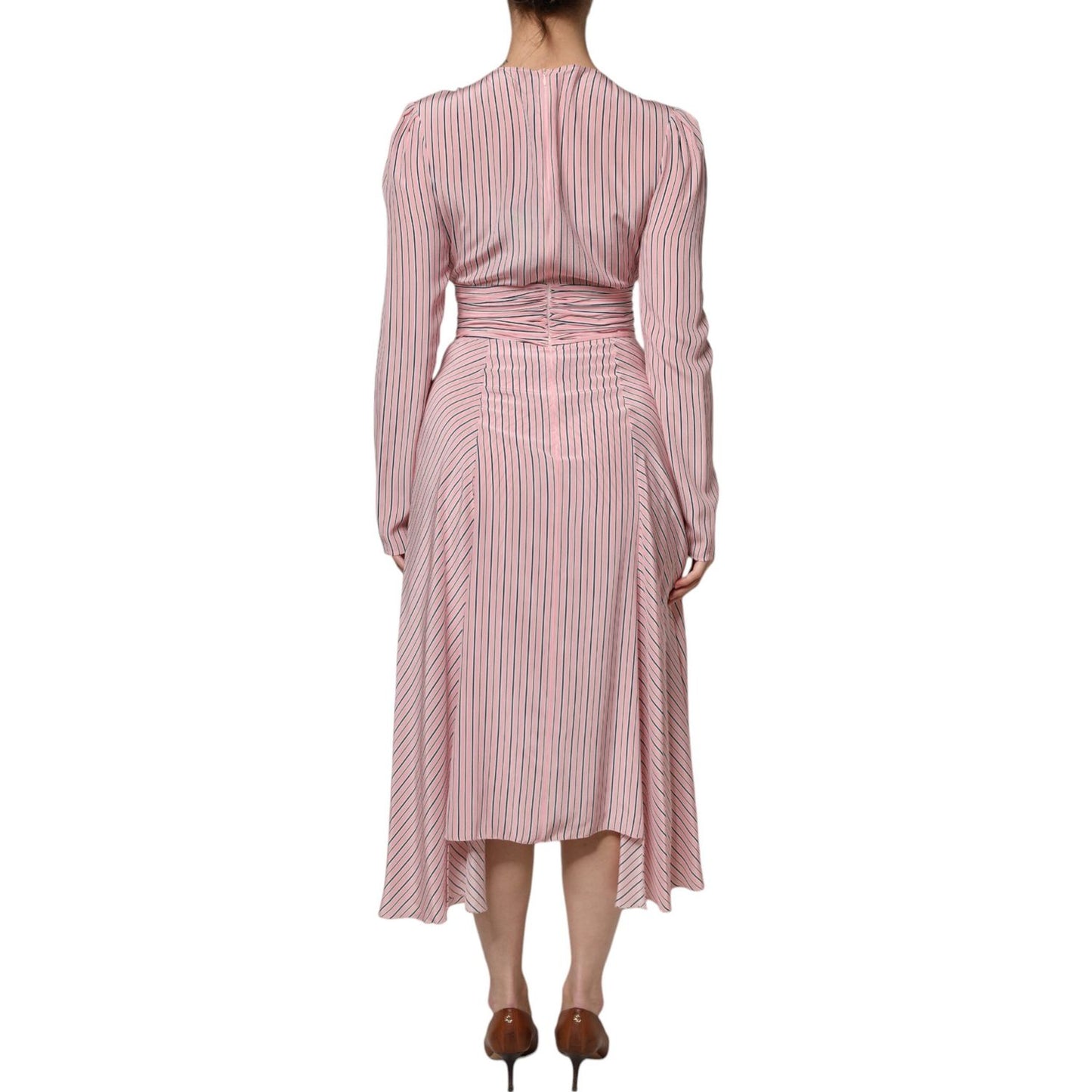 Ermanno Scervino Pink Stripes Silk Long Sleeves Midi Dress