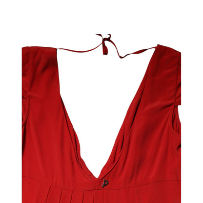 Dondup Red Acetate Short Sleeves Plunging Neckline Maxi Dress