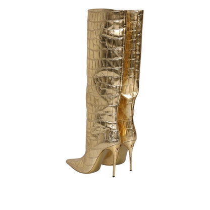 Dolce & Gabbana Gold Leather Stiletto Heels High Boots Shoes