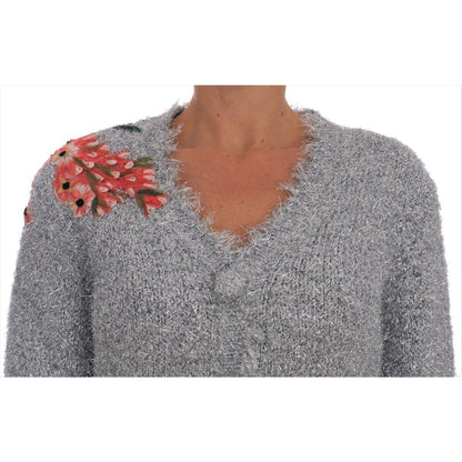Dolce & Gabbana Silver Cardigan Floral Applique Sweater