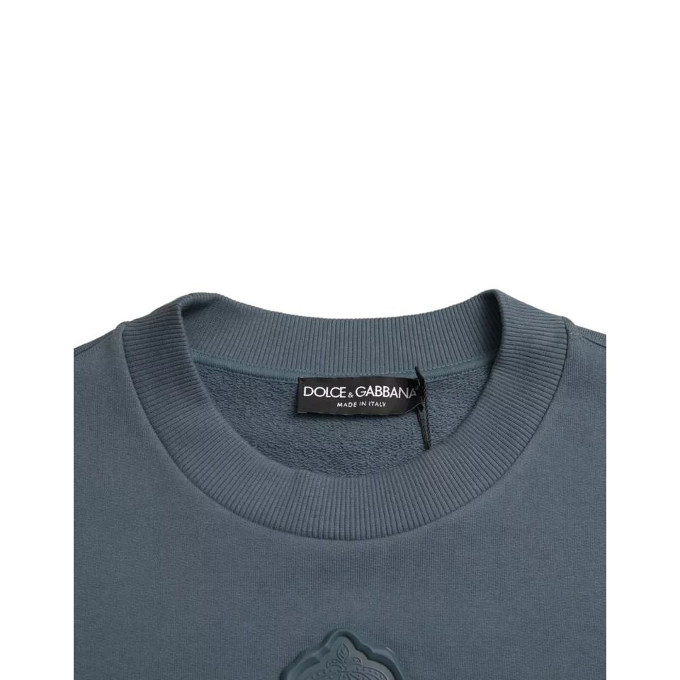 Dolce & Gabbana Blue Cotton Logo Patch Crew Neck Men Pullover Sweater