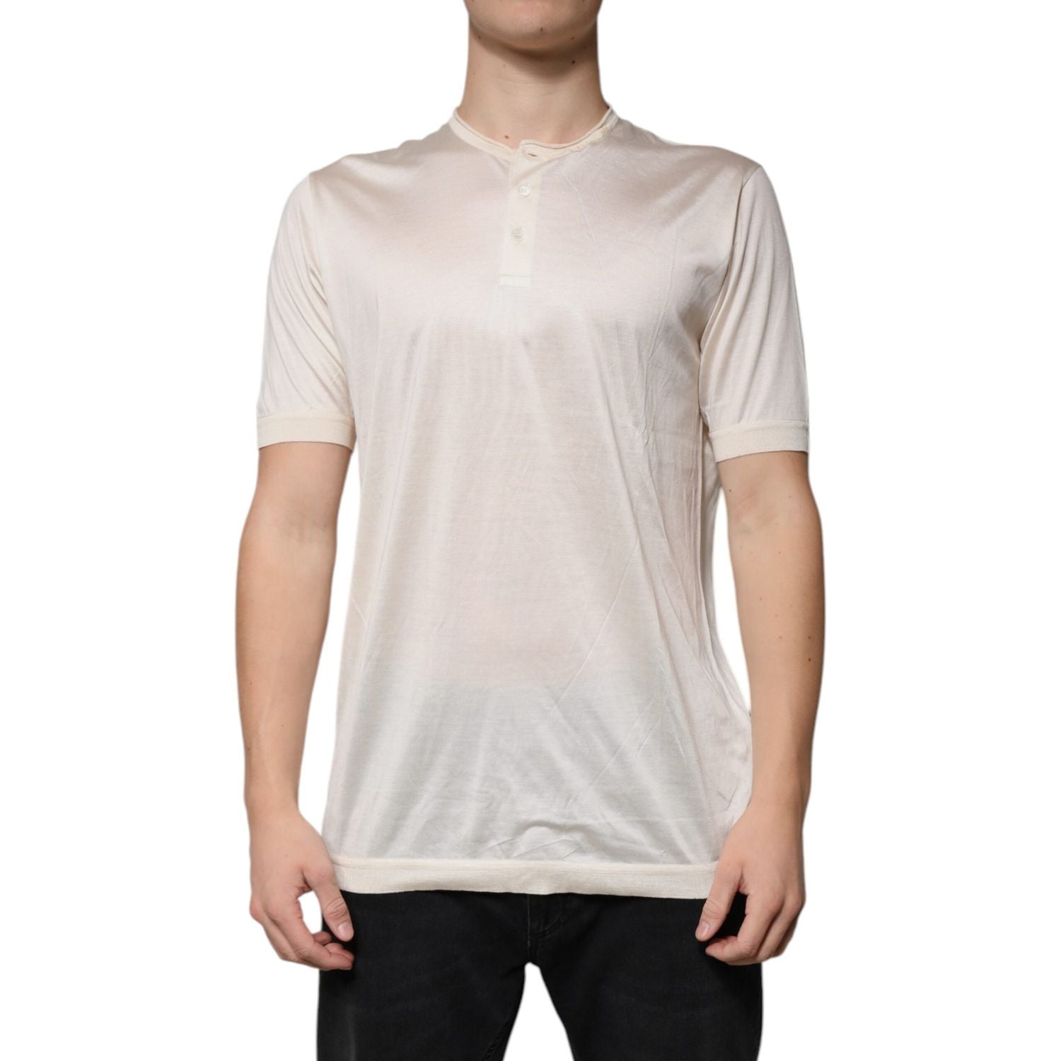 Dolce & Gabbana Off White Silk Crew Neck Henley T-shirt