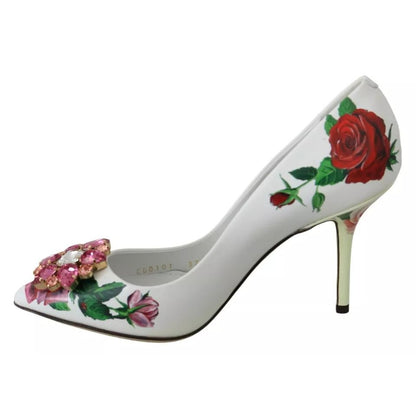 Dolce & Gabbana White Leather Roses Crystal Pumps Shoes