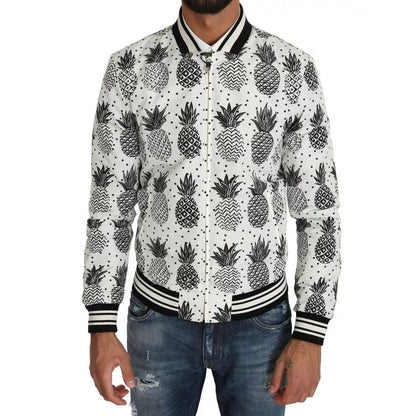 Dolce & Gabbana White Black Pineapple Bomber Coat Jacket