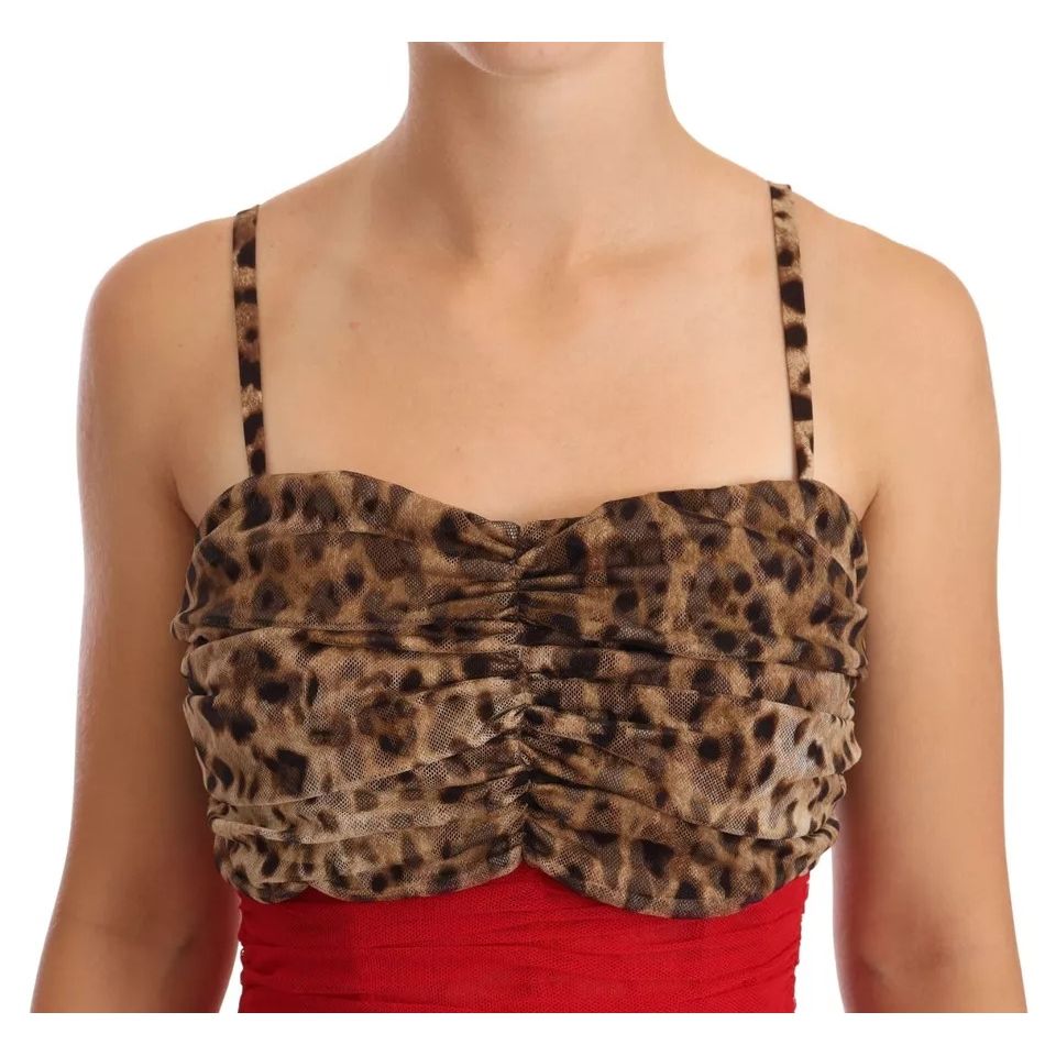 Dolce & Gabbana Brown Leopard Red Tulle Sheath Midi Dress