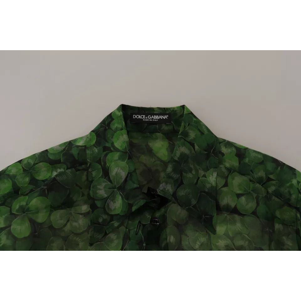 Dolce & Gabbana Green Clover Print Long Sleeves Collared Top Blouse