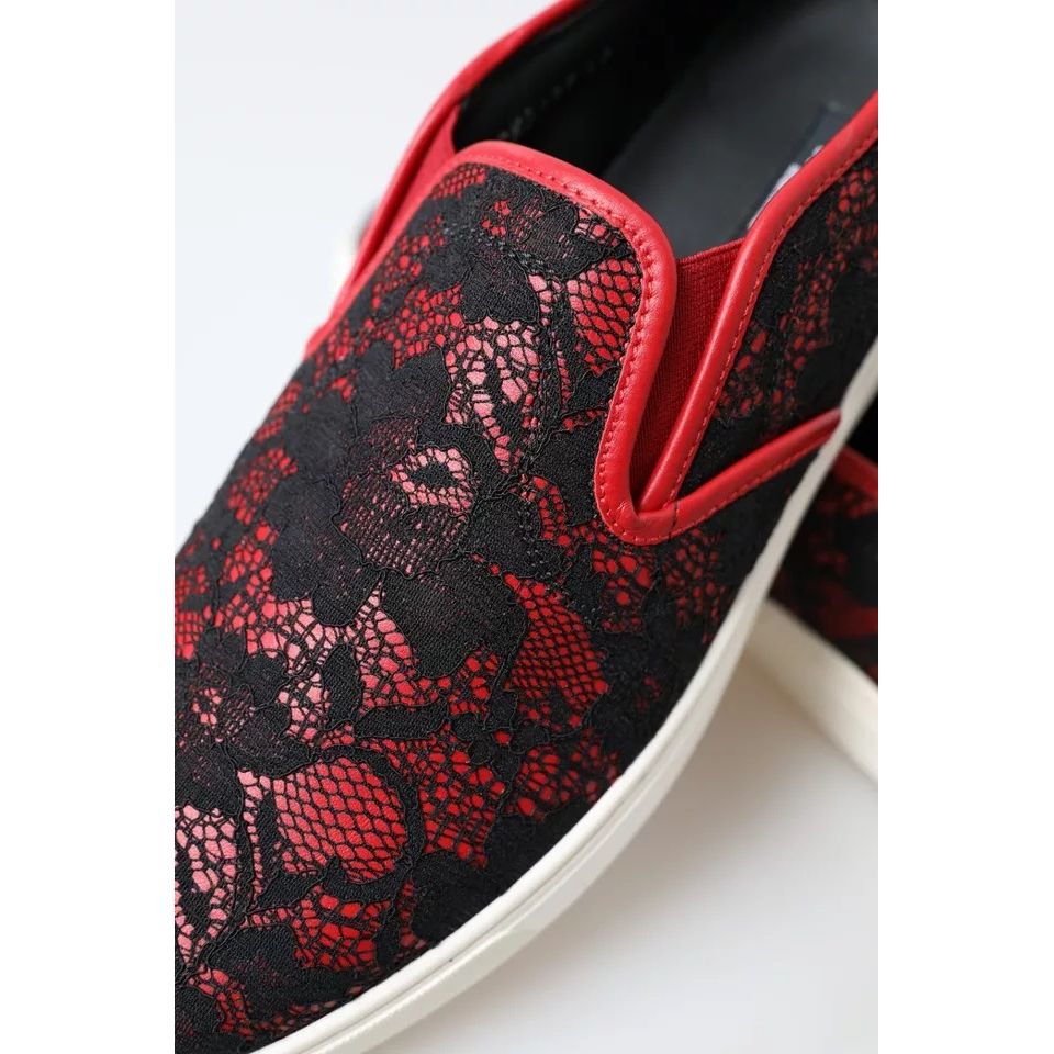 Dolce & Gabbana Black Red Lace Slip On Low Top Sneakers Shoes