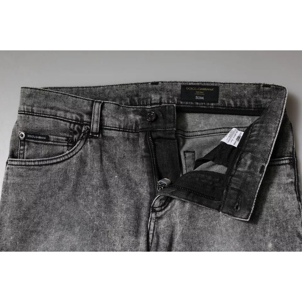 Dolce & Gabbana Gray Logo Plaque Cotton Slim Fit Denim Jeans