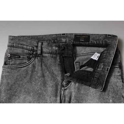 Dolce & Gabbana Gray Logo Plaque Cotton Slim Fit Denim Jeans