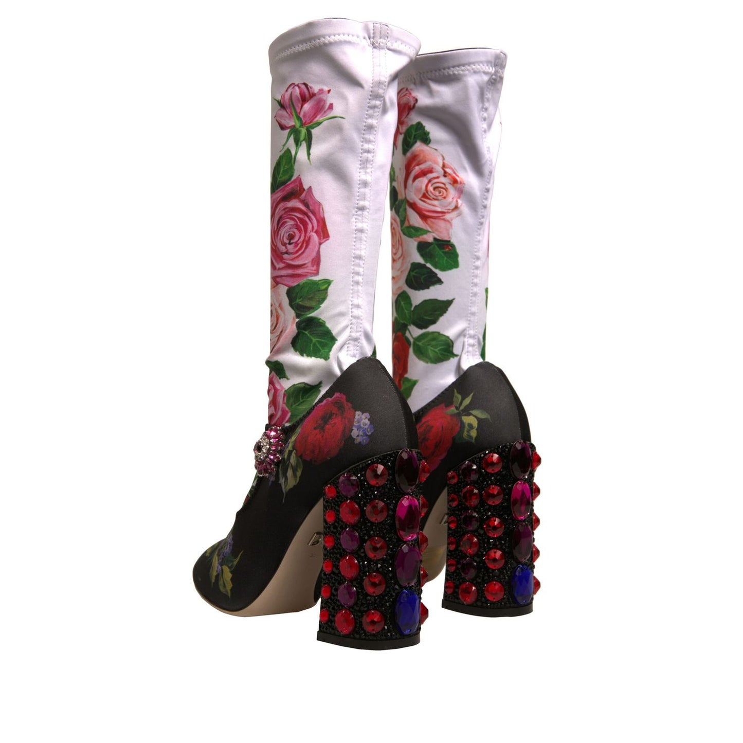 Dolce & Gabbana Black Floral Socks Crystal Boots Jersey Shoes