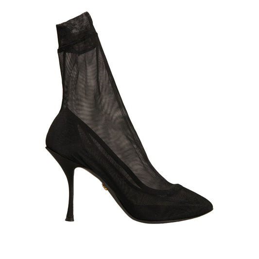Dolce & Gabbana Black Silk Mesh Sock Style Heels Boots Shoes