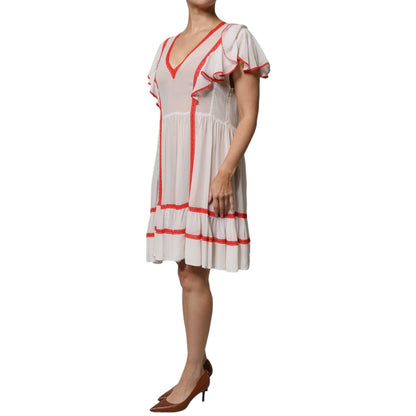 Twinset White Viscose Ruffle Sleeves A-line Pleated Mini Dress Twinset