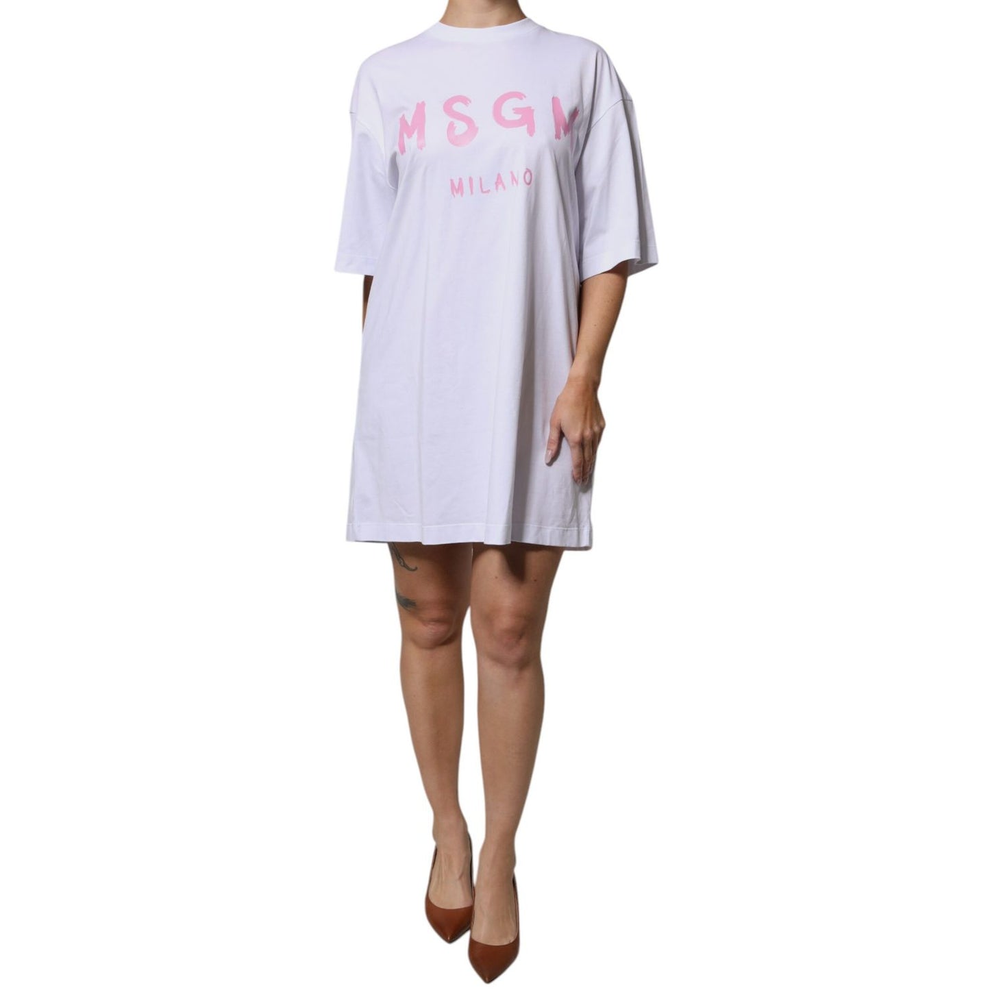 MSGM White Logo Print Cotton T-shirt Short Sleeves Mini Dress MSGM