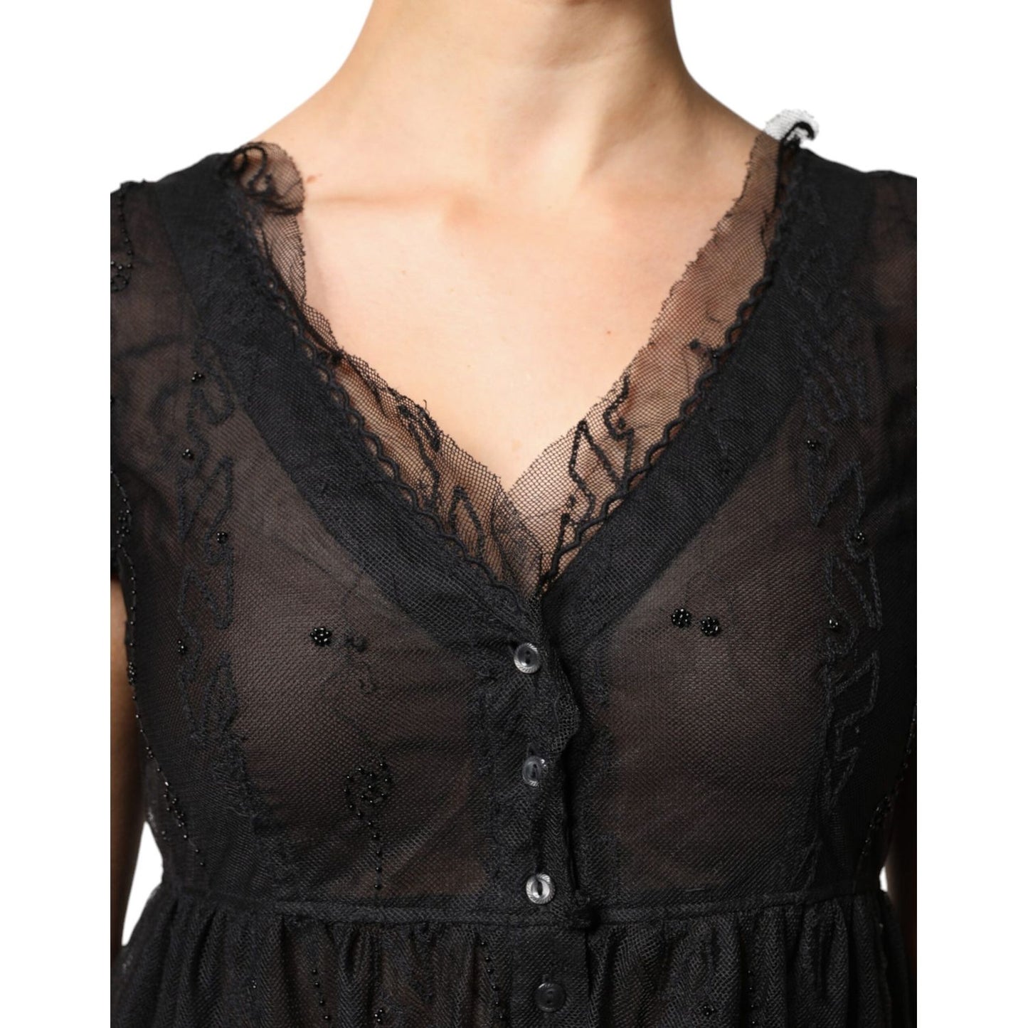 Blugirl Black Short Sleeves Floral Lace Trim A-line Mini Dress Blugirl