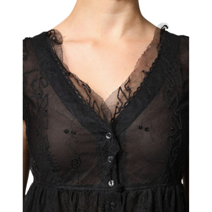 Blugirl Black Short Sleeves Floral Lace Trim A-line Mini Dress Blugirl