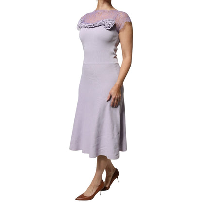 Blumarine Purple Short Sleeves Floral Lace Trim A-line Midi Dress Blumarine