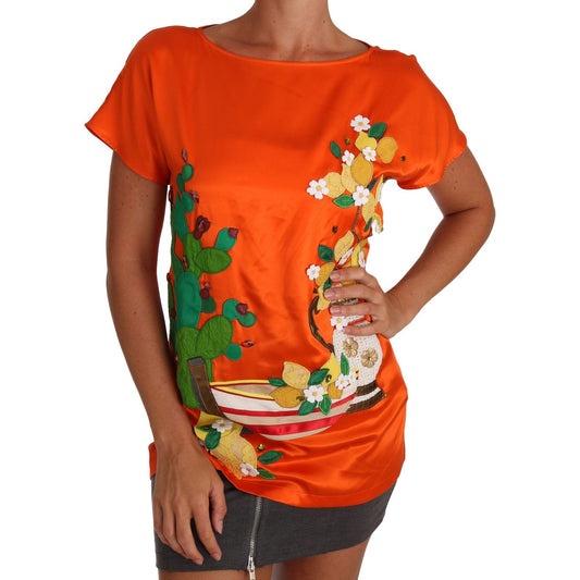 Dolce & Gabbana Silk Orange Lemon Crystal T-shirt Top Dolce & Gabbana