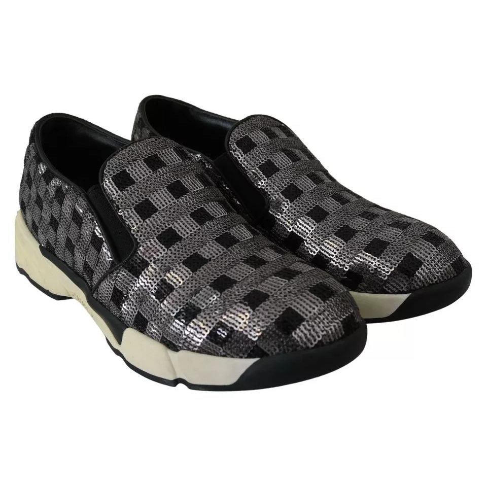 PINKO Silver Black Slip-on Sequence Design Sneakers Shoes