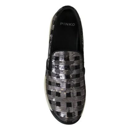 PINKO Silver Black Slip-on Sequence Design Sneakers Shoes
