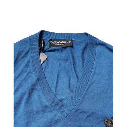 Dolce & Gabbana Blue Cashmere Crown V-neck Pullover Sweater