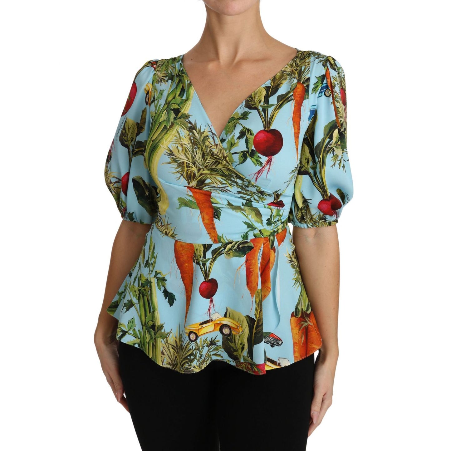 Dolce & Gabbana Multicolor Vegetable Print Silk Top Peplum Wrap Blouse