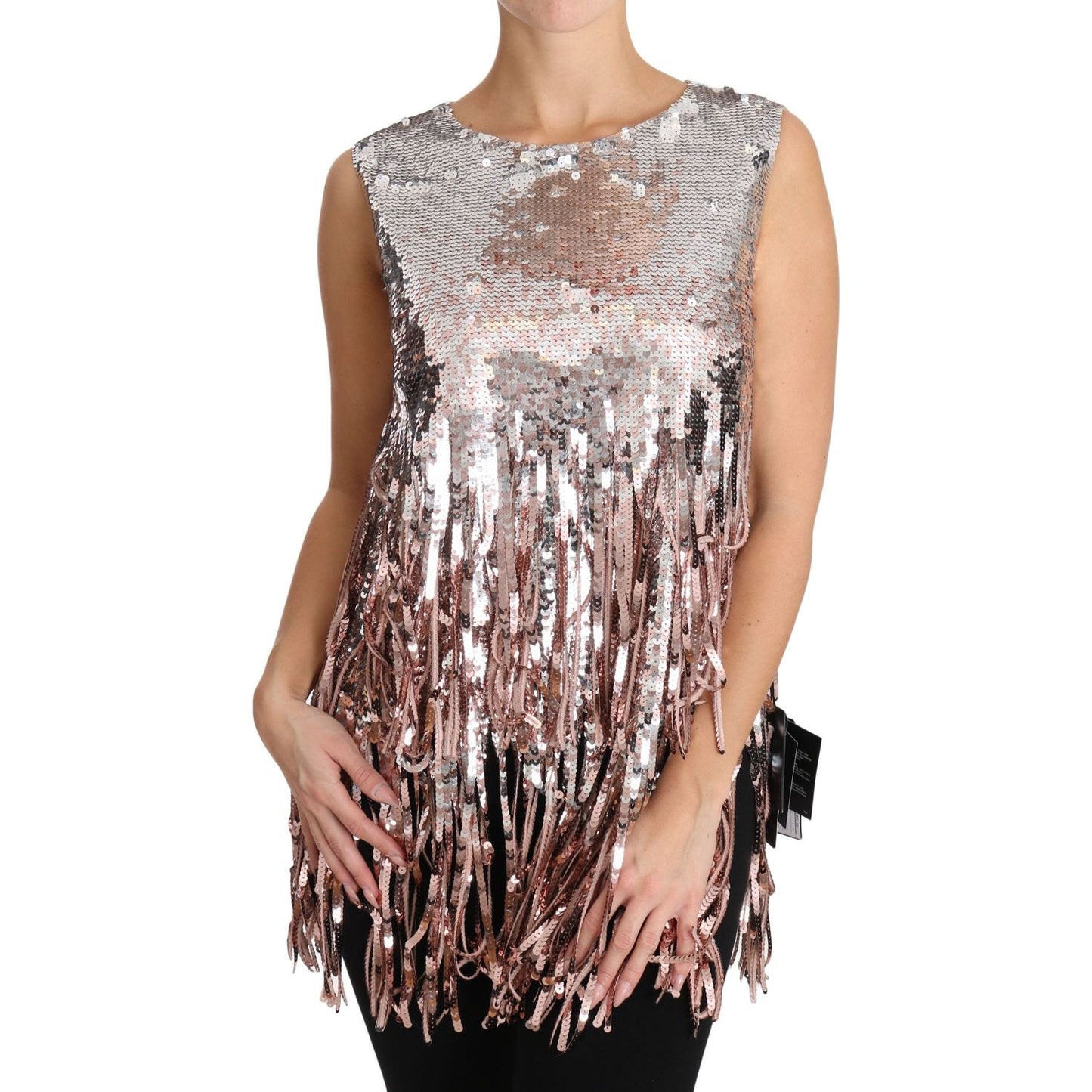 Dolce & Gabbana Golden Pink Sequined Fringe Elegance Top Dolce & Gabbana