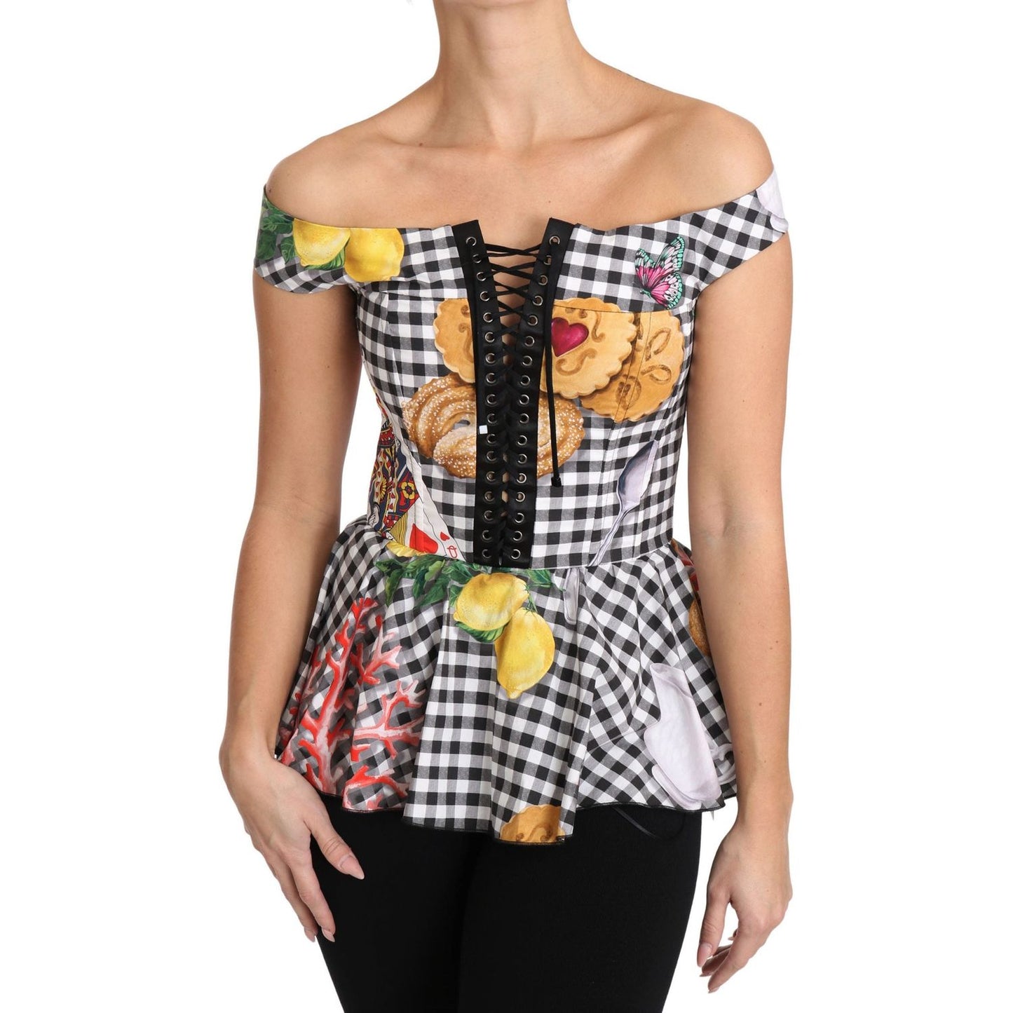 Dolce & Gabbana Black and White Corset Blouse Sicily Lemon Check Top Dolce & Gabbana