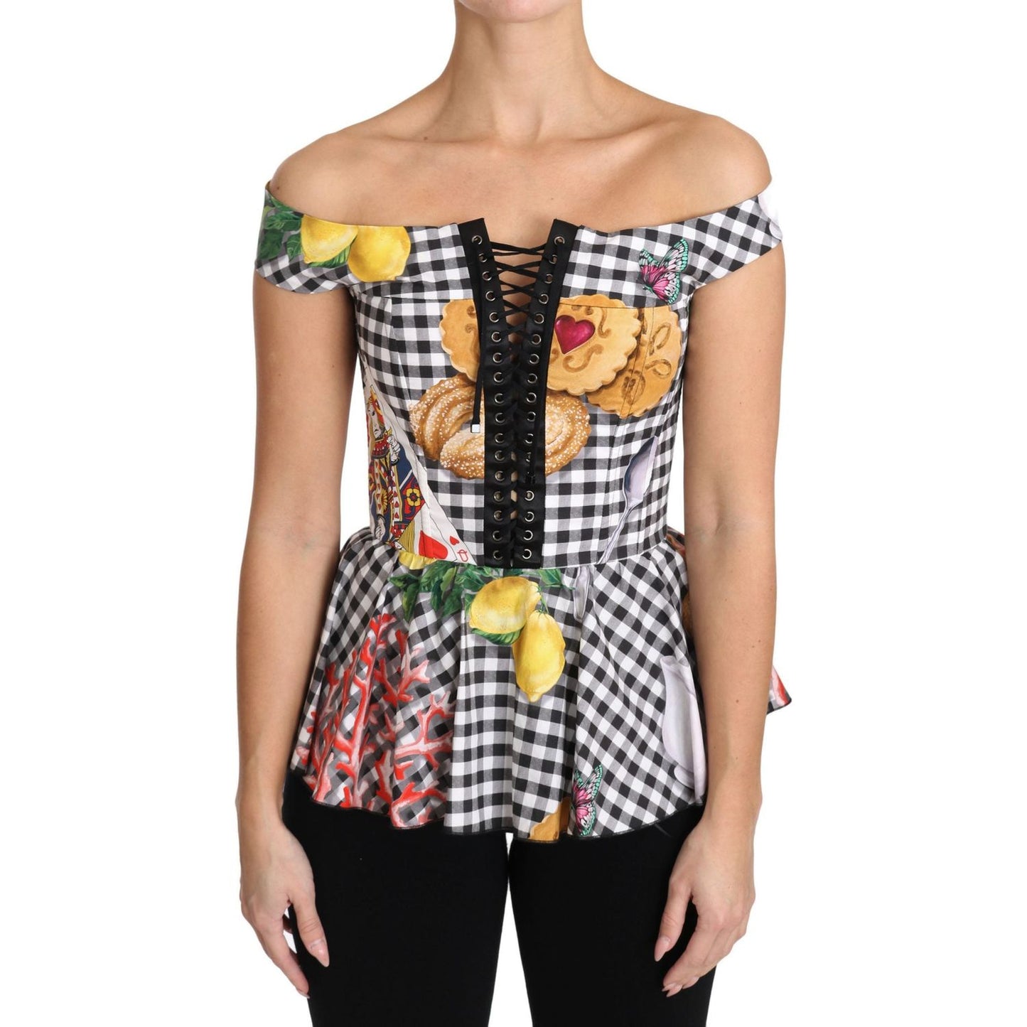 Dolce & Gabbana Black and White Corset Blouse Sicily Lemon Check Top Dolce & Gabbana