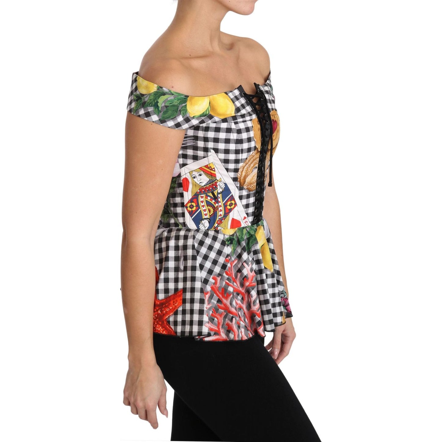 Dolce & Gabbana Black and White Corset Blouse Sicily Lemon Check Top Dolce & Gabbana