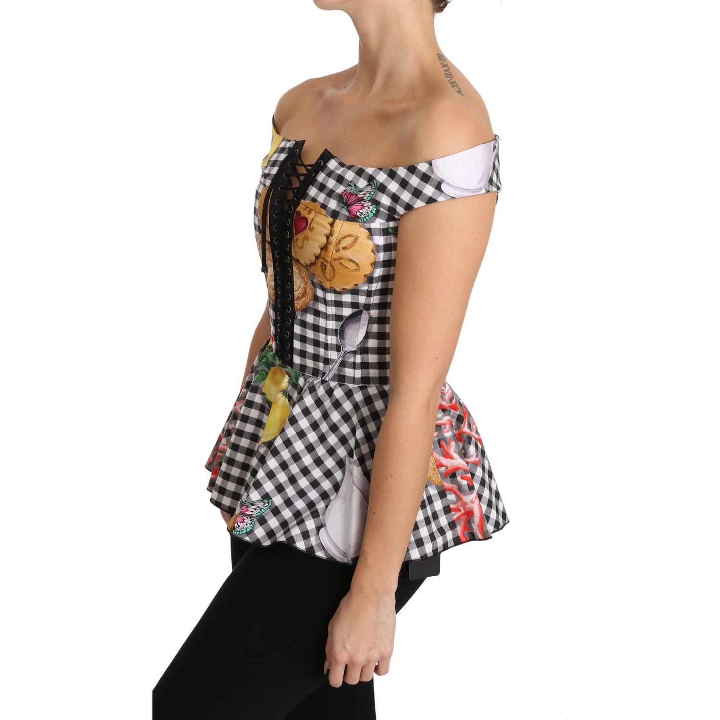Dolce & Gabbana Black and White Corset Blouse Sicily Lemon Check Top Dolce & Gabbana