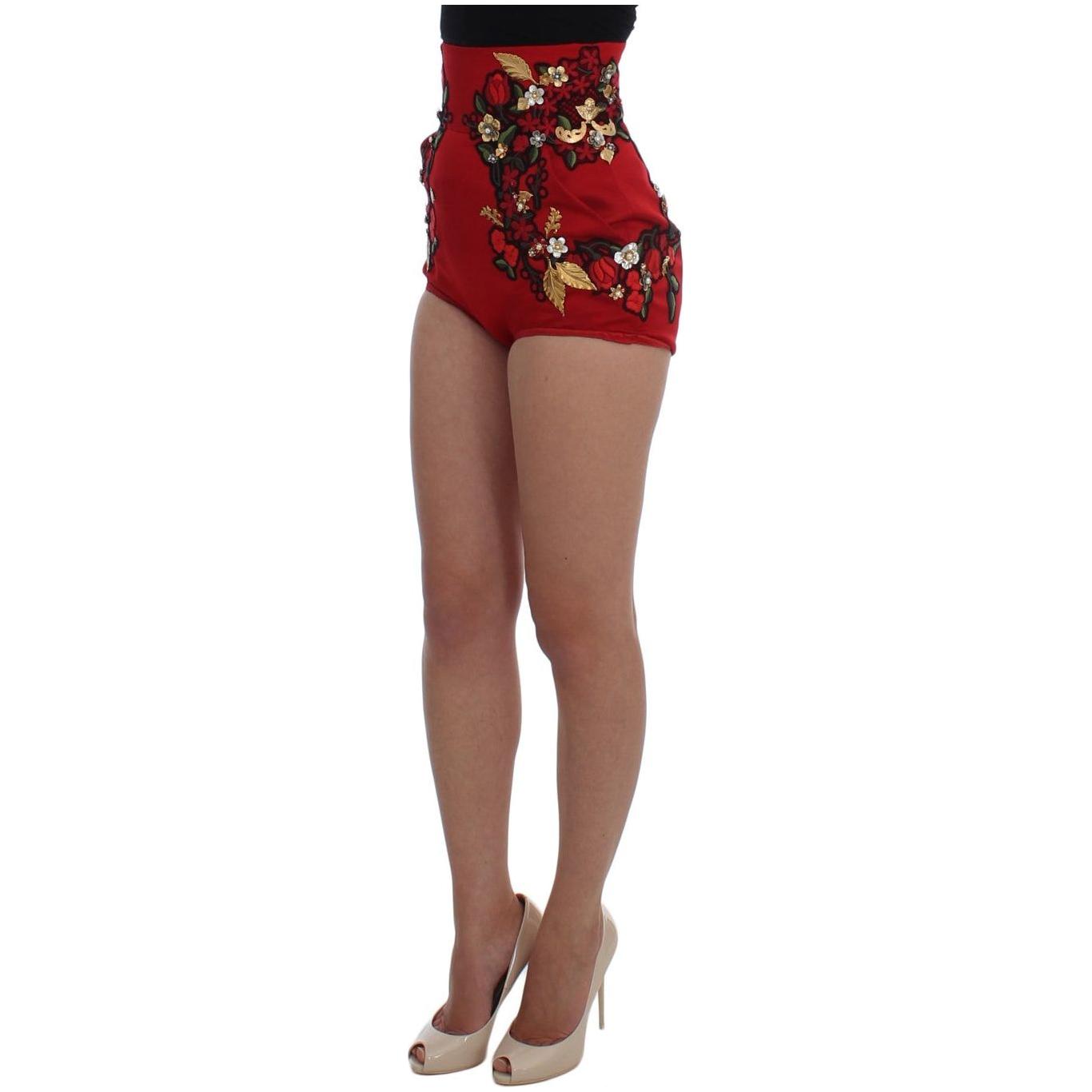 Dolce & Gabbana Elegant Silk Red Embroidered Mini Shorts Dolce & Gabbana