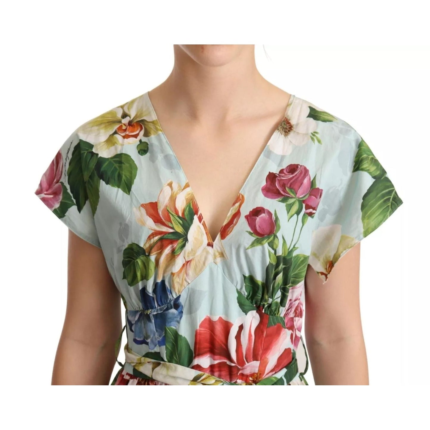 Dolce & Gabbana Green Floral Short Sleeves Cotton V-neck Dress Dolce & Gabbana