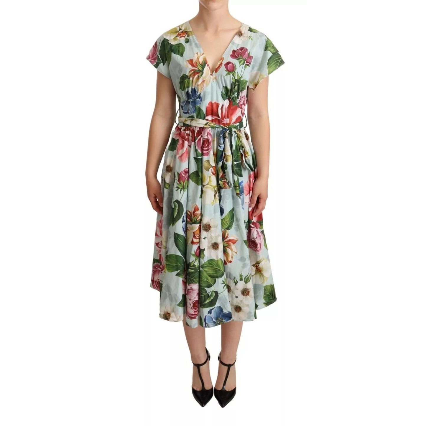 Dolce & Gabbana Green Floral Short Sleeves Cotton V-neck Dress Dolce & Gabbana