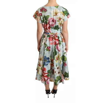 Dolce & Gabbana Green Floral Short Sleeves Cotton V-neck Dress Dolce & Gabbana