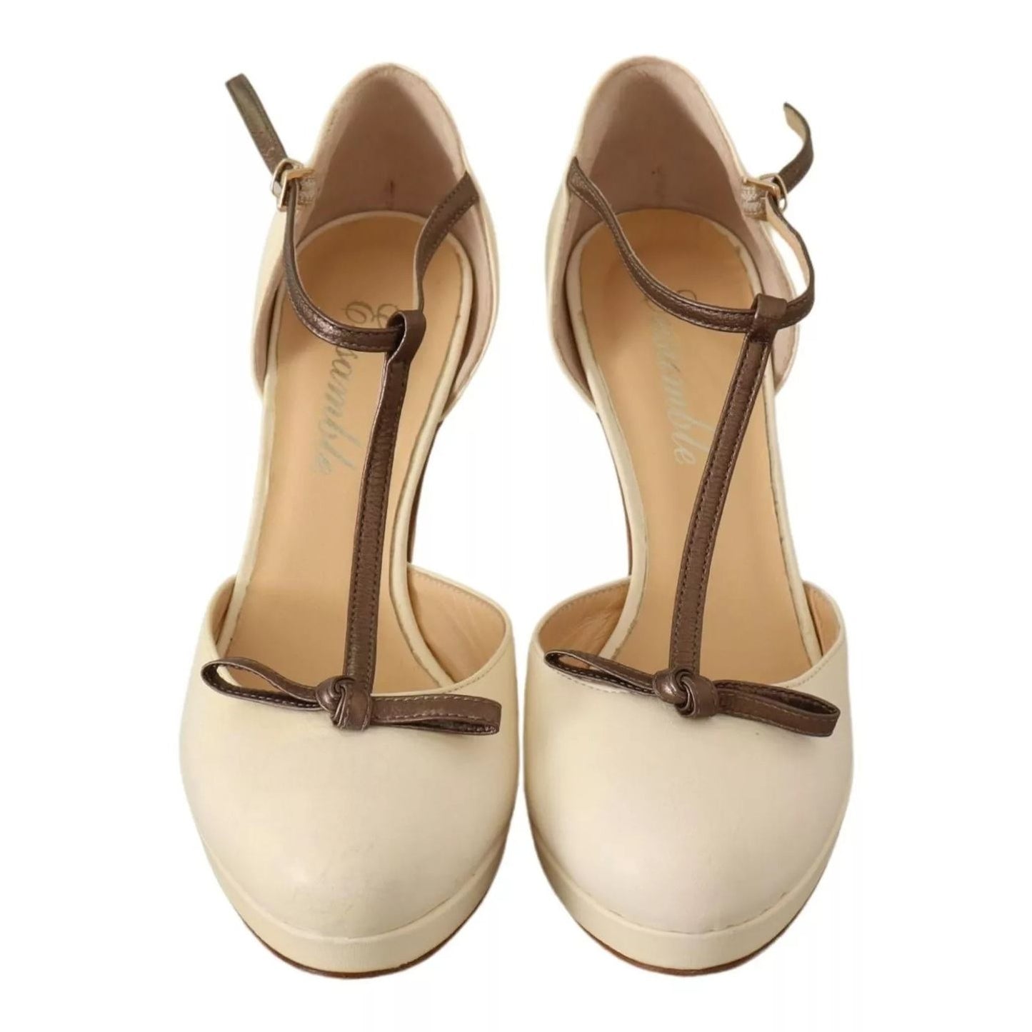 SERGIO LEVANTESI Beige T-Strap Block Heels Pumps Leather Shoes SERGIO LEVANTESI
