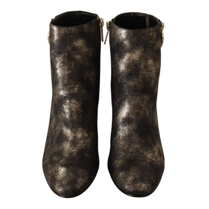 MY TWIN Black Leather Block Heels Ankle Boots Zipper Shoes MY TWIN