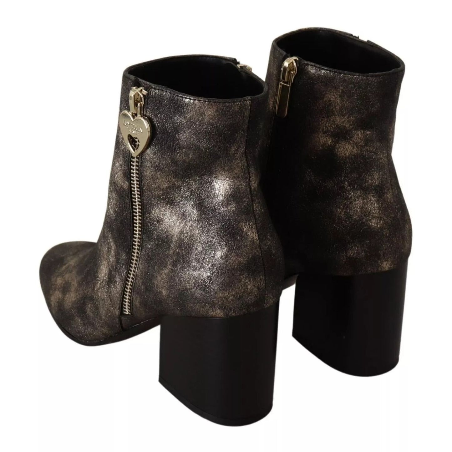 MY TWIN Black Leather Block Heels Ankle Boots Zipper Shoes MY TWIN