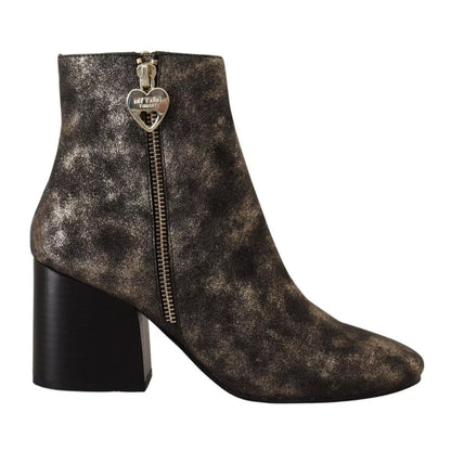 MY TWIN Black Leather Block Heels Ankle Boots Zipper Shoes MY TWIN