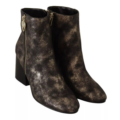 MY TWIN Black Leather Block Heels Ankle Boots Zipper Shoes MY TWIN