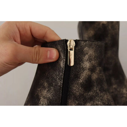 MY TWIN Black Leather Block Heels Ankle Boots Zipper Shoes MY TWIN