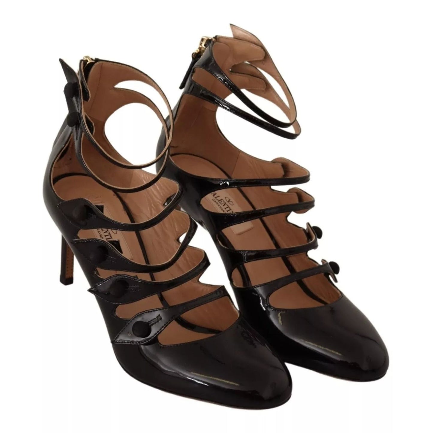 Valentino Black Multi Strap Leather Mid Heels Pumps Shoes Valentino