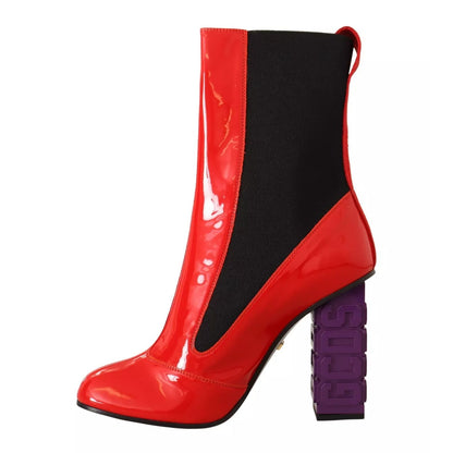GCDS Red Leather Black Fabric Logo Heel Ankle Boots Shoes GCDS