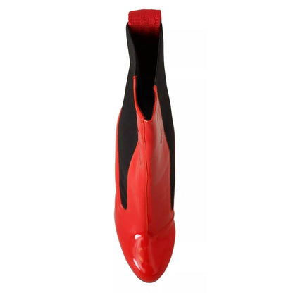 GCDS Red Leather Black Fabric Logo Heel Ankle Boots Shoes GCDS