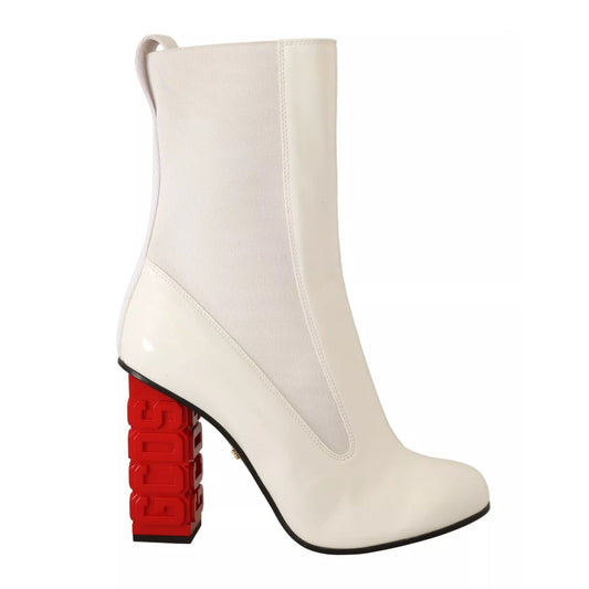 GCDS White Leather Fabric Red Logo Heel Ankle Boots Shoes GCDS
