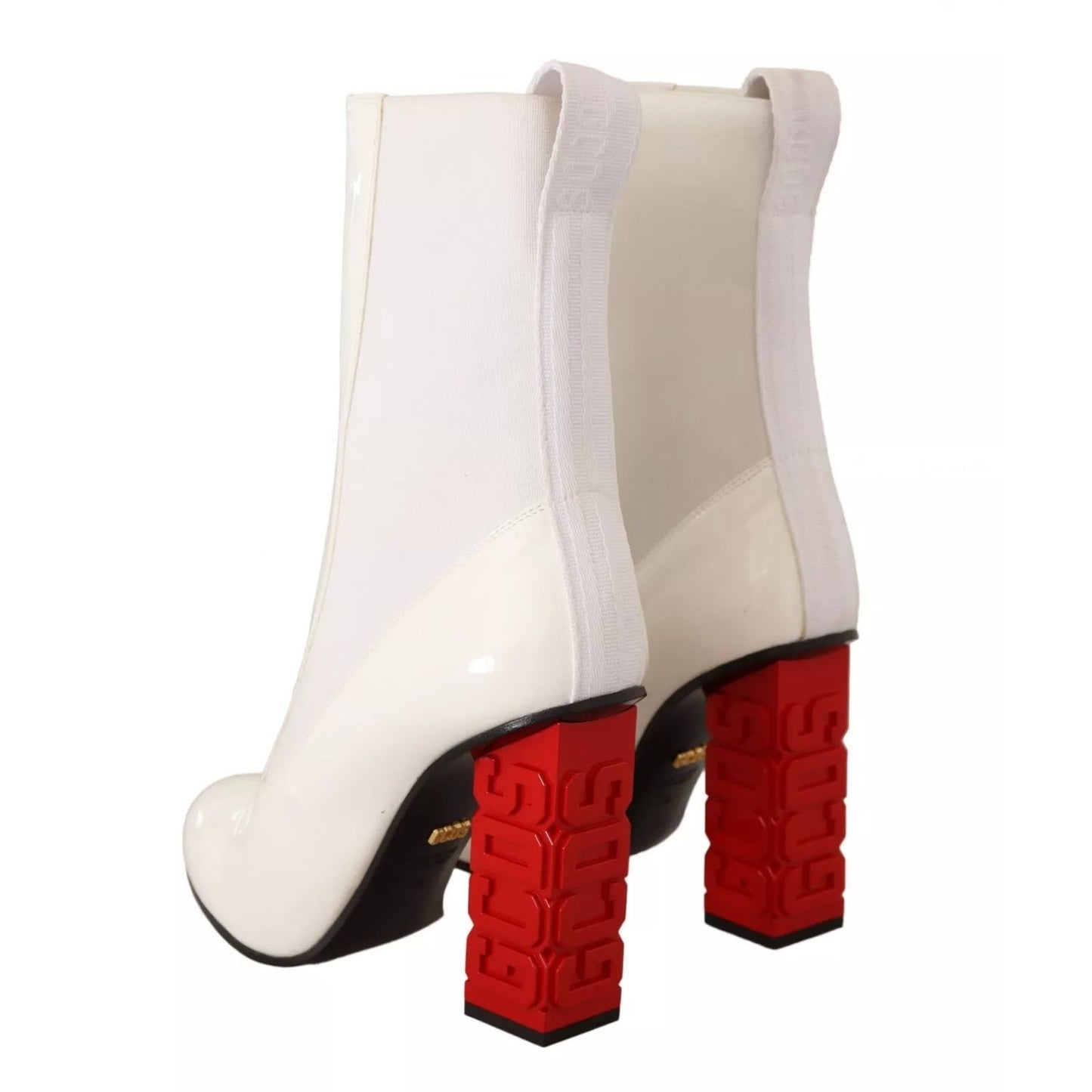 GCDS White Leather Fabric Red Logo Heel Ankle Boots Shoes GCDS