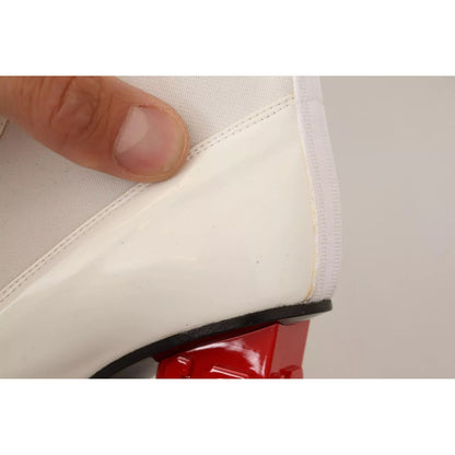 GCDS White Leather Fabric Red Logo Heel Ankle Boots Shoes GCDS